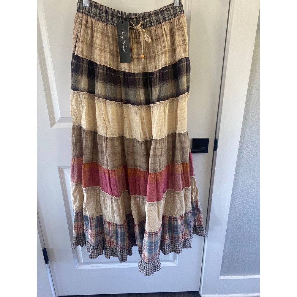 Young Threads Plaid Patchwork Tiered Maxi Skirt Boho Cottagecore Festival M NWT